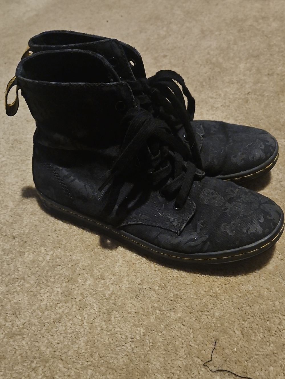 Black Floral  Skull Canvas Lace-Up Ankle Boots